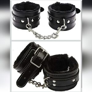 Black Faux Leather Fur-Lined Chain Wrist Cuffs